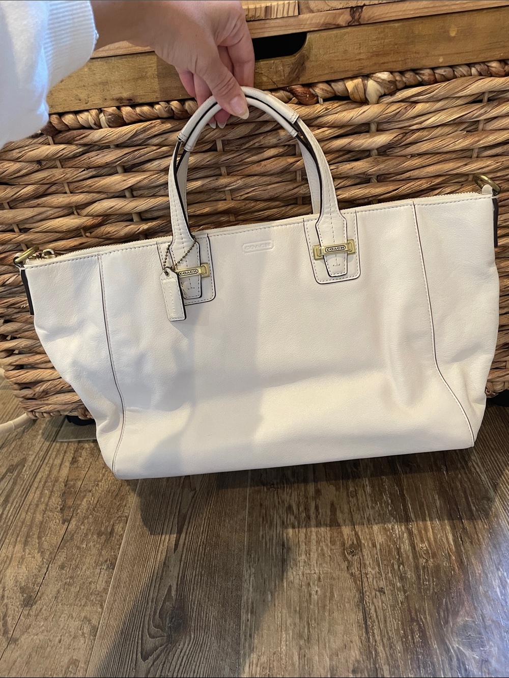 Coach Cream Pebbled Leather Tote with Gold-Tone Accents